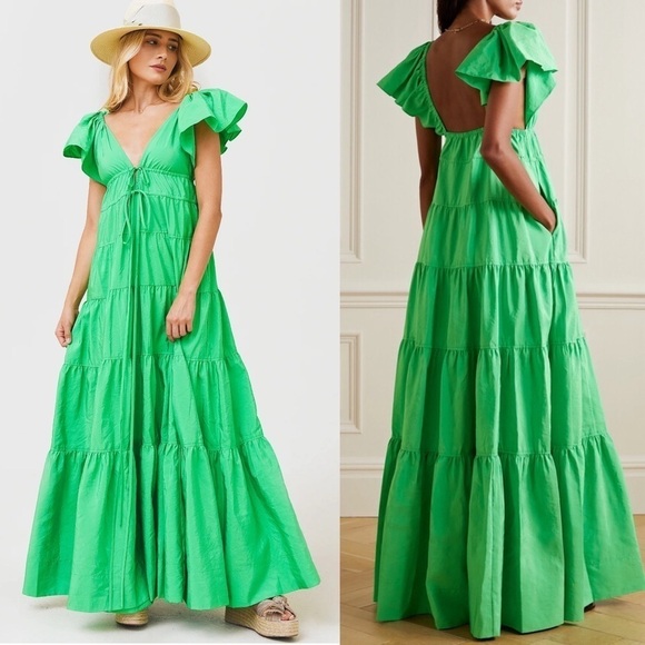 ALC Flutter Short Sleeve V-Neck Empire Waist Front Tie Ruffle Tier Maxi Gown 6 - Picture 7 of 16